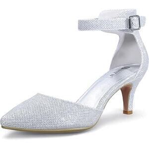 Idifu Womens 8 Silver Glitter 3" Kitten Heel Pointed Close Toe Ankle Strap Shoes